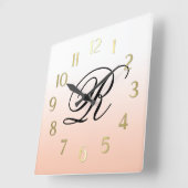 モノグラムグラデーションで任意の色に桃 スクエア壁時計 (傾斜)