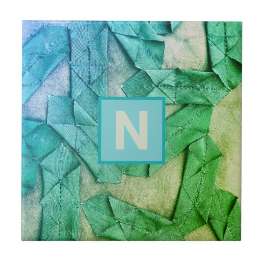 モノグラムグラデーションシアンティール（緑がかった色）緑航海の抽象芸術 タイル (正面)