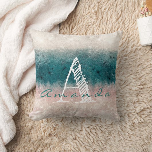 モノグラムグラデーションネームアイボリーベージュパステルティール(緑がかった色)ホワイト クッション (ブランケット)