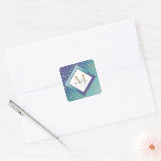 モノグラムグラデーションマーメイドティール(緑がかった色)パープル金ゴールド妖精ダスト スクエアシール (封筒)