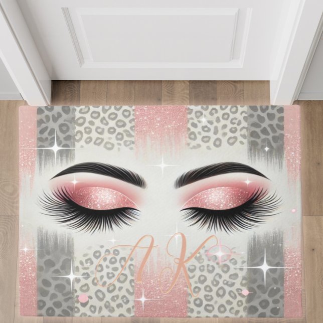 モノグラムグリッターまつげ ドアマット (Glam pink glitter lashes doormat — personalized bachelorette gift for bride or beauty lover)