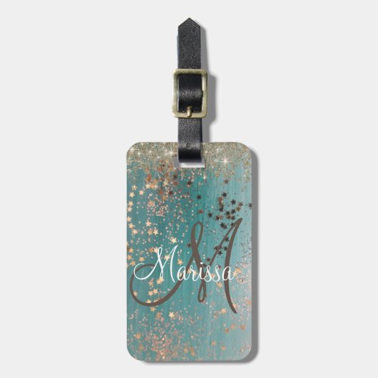 モノグラムグリッタースターズオンティール（緑がかった色） パーソナライズされた ラゲッジタグ (正面縦)