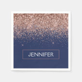 モノグラムグリッター赤面ピンクローズ金ゴールドネイビーブルー スタンダードカクテルナプキン (正面)
