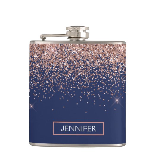 モノグラムグリッター赤面ピンクローズ金ゴールドネイビーブルー フラスク (正面)