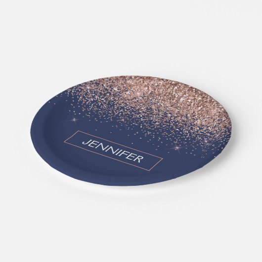 モノグラムグリッター赤面ピンクローズ金ゴールドネイビーブルー ペーパープレート (アングル)