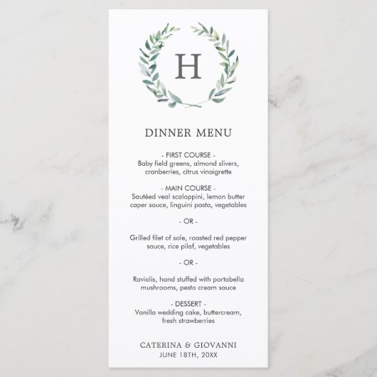 モノグラムグリーナリーリースエレガントウェディング メニュー (正面)