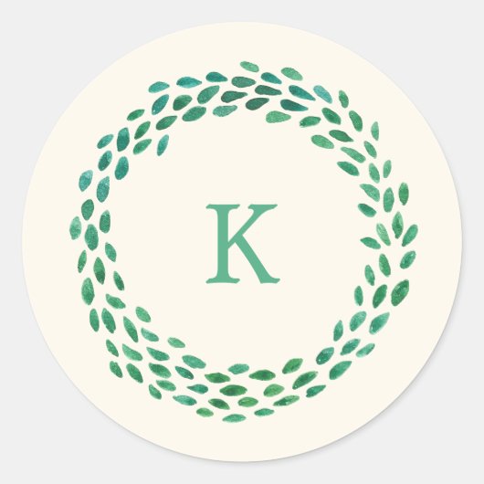 モノグラムグリーンウォーターカラークリスマスリースアイボリー ラウンドシール (正面)