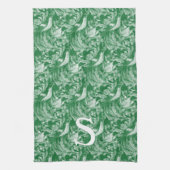 モノグラムグリーンバードフローラ複雑なヴィンテージアート キッチンタオル (縦)