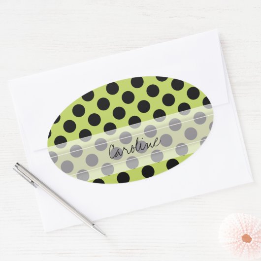 モノグラムグリーンブラックカワイシック水玉模様パターン 楕円形シール (封筒)