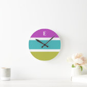 モノグラムグリーンブルーストライプコンテンポラリーウォールクロック ラウンド壁時計 (ホーム)