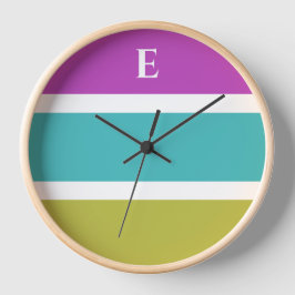 モノグラムグリーンブルーストライプコンテンポラリーウォールクロック ラウンド壁時計