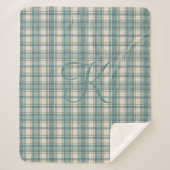 モノグラムグリーンブルーベージュタータンチェックバッファロープレイド シェルパブランケット (正面)