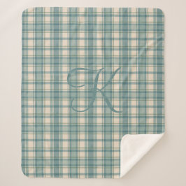モノグラムグリーンブルーベージュタータンチェックバッファロープレイド シェルパブランケット