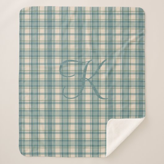 モノグラムグリーンブルーベージュタータンチェックバッファロープレイド シェルパブランケット (正面)