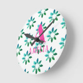 モノグラムグリーンホットピンクレトロフローラ水彩 ラウンド壁時計 (傾斜)