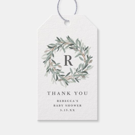 モノグラムグリーンリースベビーシャワーありがとう ギフトタグ (正面)