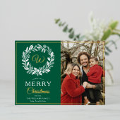 モノグラムグリーンリースメリークリスマスフォト 箔シーズンカード (立ち正面)