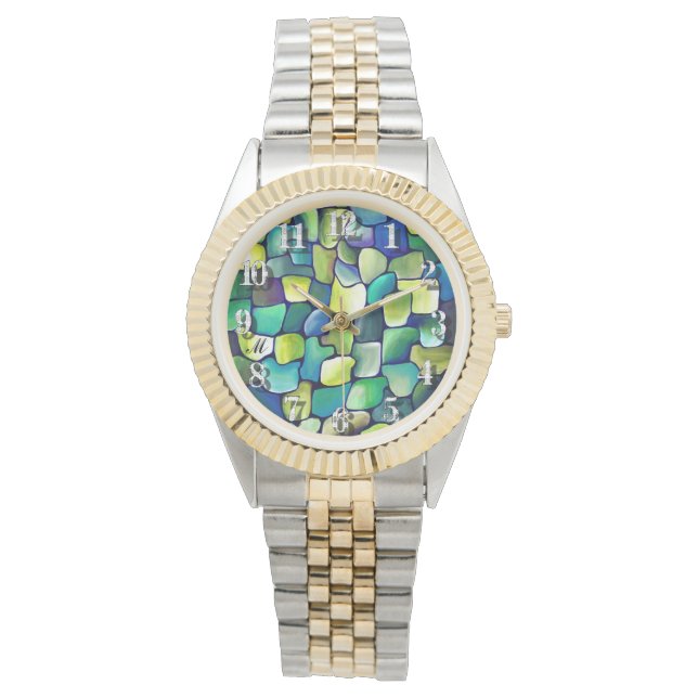モノグラムグリーン抽象芸術タイル緑の水色 腕時計 (正面)