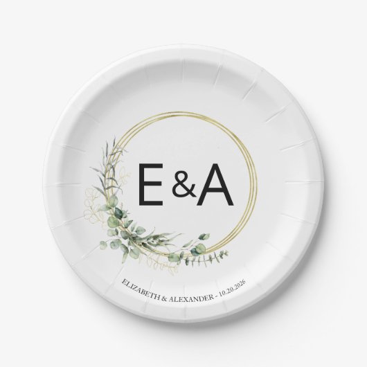 モノグラムグリーン結婚リーリース紙プレート ペーパープレート (正面)