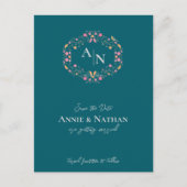 モノグラムグリーン複雑なフローラ結婚フレーム 案内ポストカード (正面)
