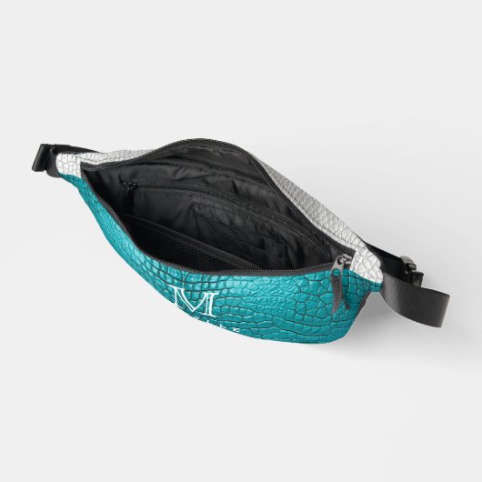 モノグラムグレーとティール(緑がかった色)フェイクスネークスキン ファニーパック (見開き)