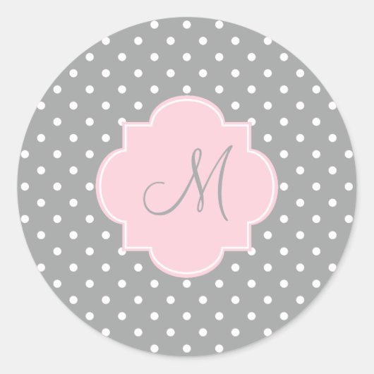 モノグラムグレーホワイトとパステルピンク水玉模様 ラウンドシール (正面)