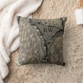 モノグラムグレー印刷リネンルックグランジフローラ クッション (ブランケット)