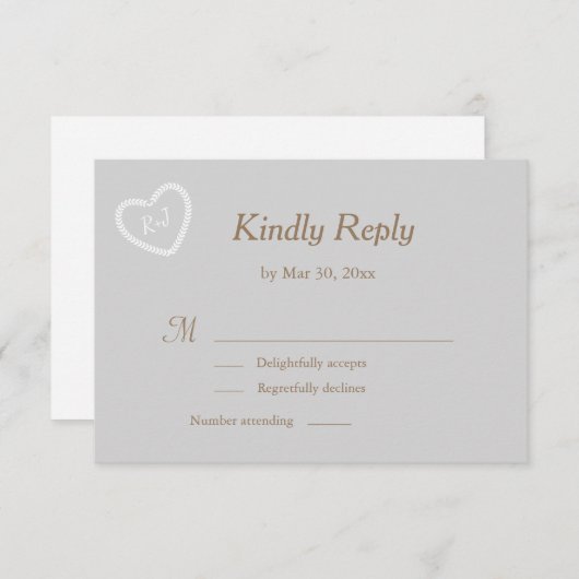 モノグラムグレー白金ゴールドハート形ウェディングRSVP 招待状 (正面/裏面)