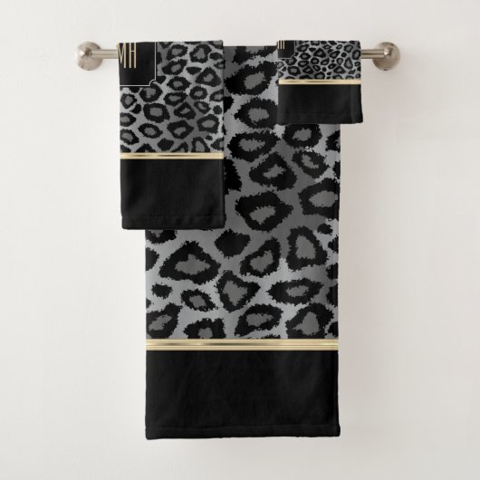 モノグラムグレー&ブラックヒョウと金ゴールドバンドバス バスタオルセット (インサイチュ)