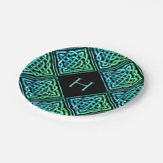 モノグラムケルト結び目模様ブルーグリーン紙プレート ペーパープレート (アングル)