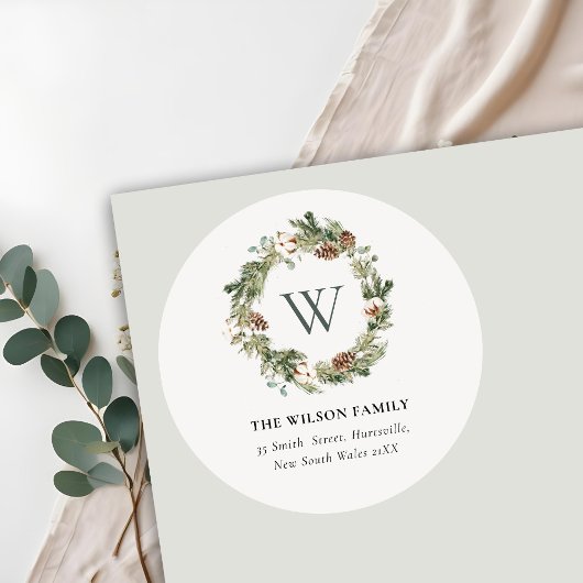 モノグラムコットンパインコーンクリスマスリース住所 ラウンドシール