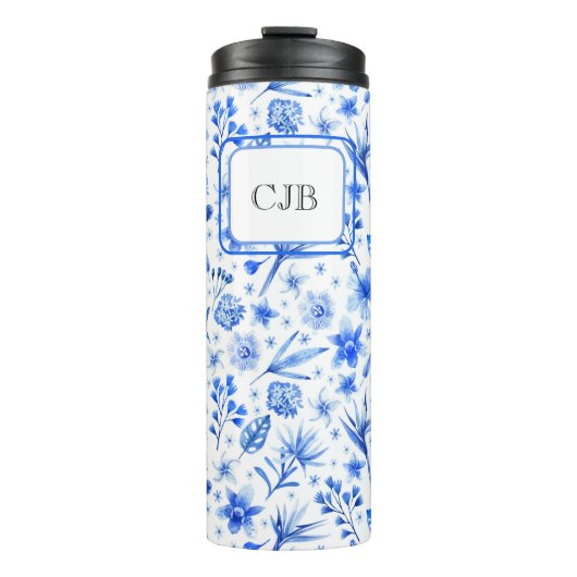 モノグラムコバルトブルー葉の花とパターン11oz タンブラー (正面)