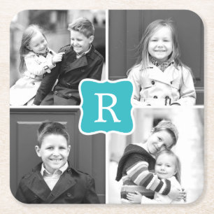 モノグラムコラージュカスタムフォトコースターズターコイズ スクエアペーパーコースター