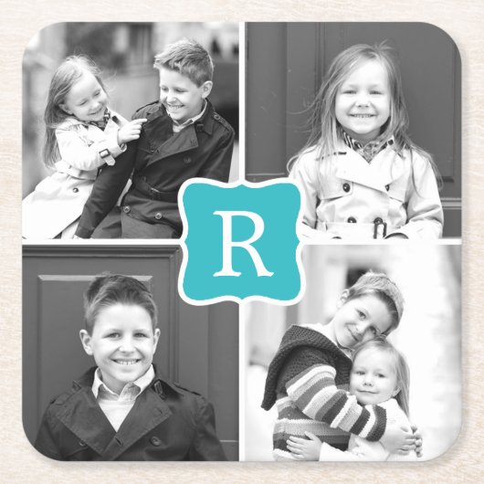 モノグラムコラージュカスタムフォトコースターズターコイズ スクエアペーパーコースター (正面)