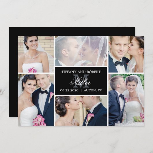 モノグラムコラージュ編集可能カラーたった今結婚しましたカード サンキューカード (正面/裏面)