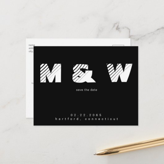 モノグラムコンテンポラリーB/Wシンプル日付の保存 案内ポストカード (正面/裏面インサイチュ)