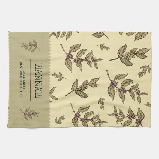 モノグラムコーヒー植物エレガントクラシックデザイン キッチンタオル (横)