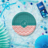 モノグラムコーラルシェブロン(ティール（緑がかった色）水玉模様模様) ペーパープレート (パーティー)