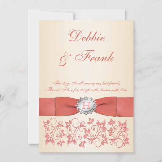 モノグラムコーラルシャンパーニュフローラ結婚式招待状 招待状 (正面)