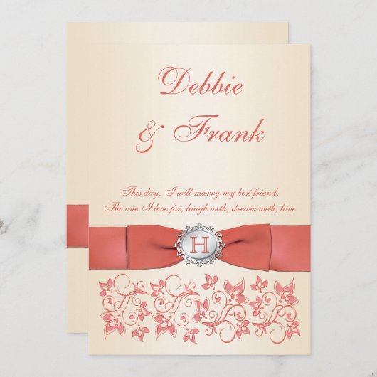 モノグラムコーラルシャンパーニュフローラ結婚式招待状 招待状 (正面/裏面)