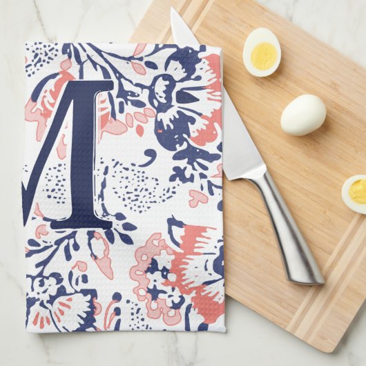 モノグラムコーラルネイビーピーチヴィンテージフローラルパターン キッチンタオル (四つ折り)