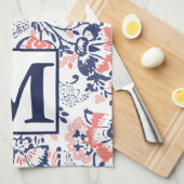 モノグラムコーラルネイビーピーチヴィンテージフローラルパターン キッチンタオル (四つ折り)