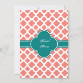 モノグラムコーラルピンクとティール(緑がかった色)クローバー結婚ズ 招待状 (裏面)