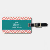 モノグラムコーラルピンクとティール（緑がかった色）シェブロン模様 ラゲッジタグ (正面横)