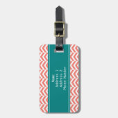 モノグラムコーラルピンクとティール（緑がかった色）シェブロン模様 ラゲッジタグ (正面縦)