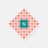 モノグラムコーラルピンククローバーパターンティール(緑がかった色) スタンダードカクテルナプキン (角)