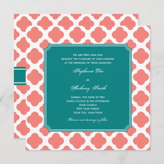 モノグラムコーラルピンククローバーパターンティール(緑がかった色) 招待状 (正面/裏面)