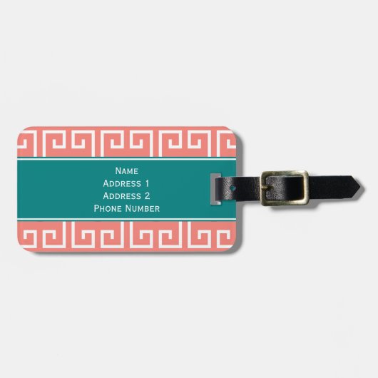 モノグラムコーラルピンク、白、ティール(緑がかった色)幾何学模様 ラゲッジタグ (正面横)