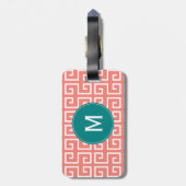 モノグラムコーラルピンク、白、ティール(緑がかった色)幾何学模様 ラゲッジタグ (裏面縦)