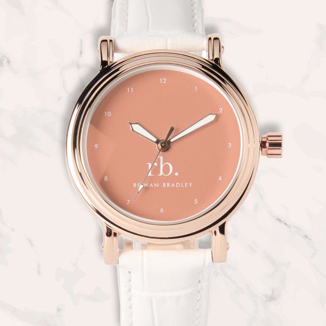 モノグラムコーラルピーチエレガントミニマフェミニンリストW 腕時計 (Feminine stylish coral peach unique monogram watch.)